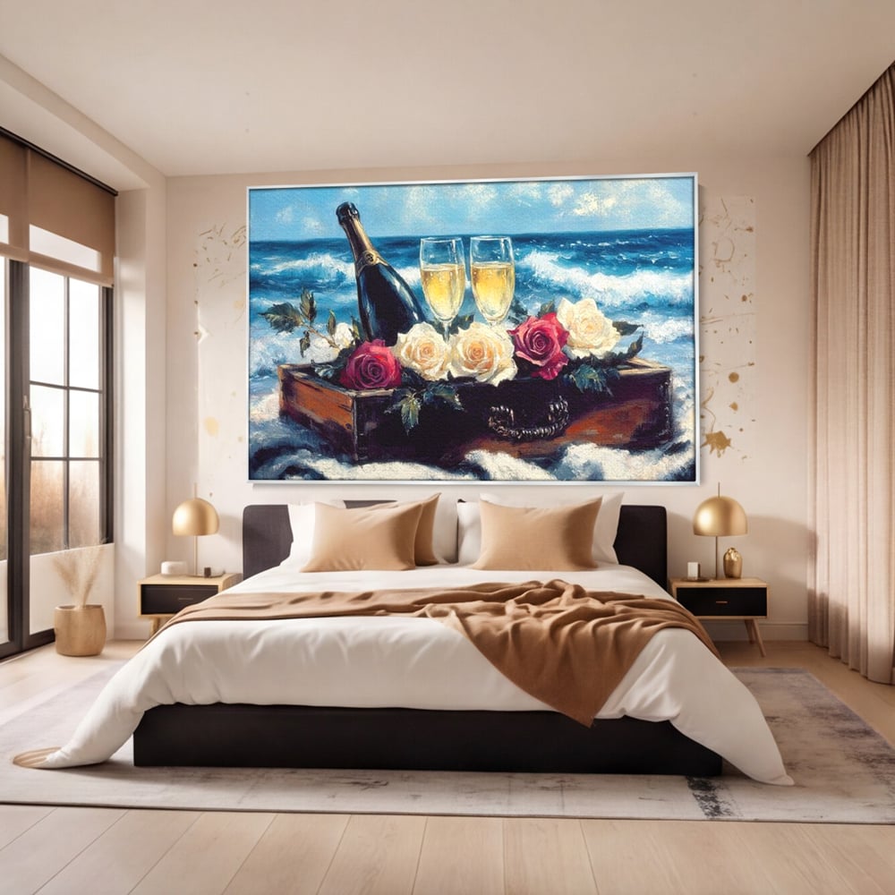 Tablou canvas cu pictura cu sampanie si trandafiri pe malul marii, in rama de aluminiu argintiu, pe perete intr-un dormitor